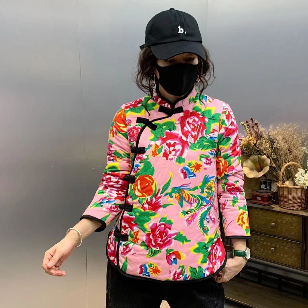 Fluencer tang Áo Khoác cotton Dày Dặn In Hoa Có Đệm Lót Kiểu Bắc Âu retro Thời Trang Thu Đông Cho Nữ