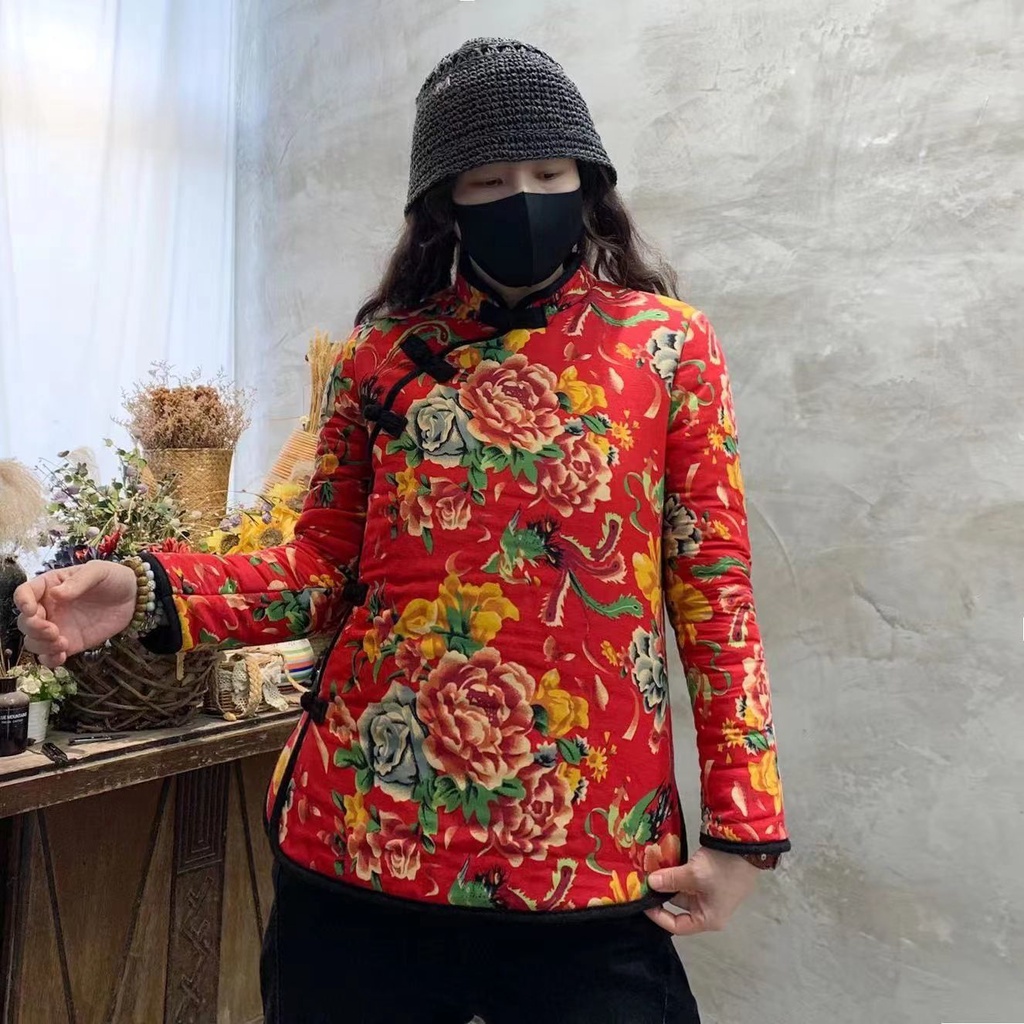 Fluencer tang Áo Khoác cotton Dày Dặn In Hoa Có Đệm Lót Kiểu Bắc Âu retro Thời Trang Thu Đông Cho Nữ