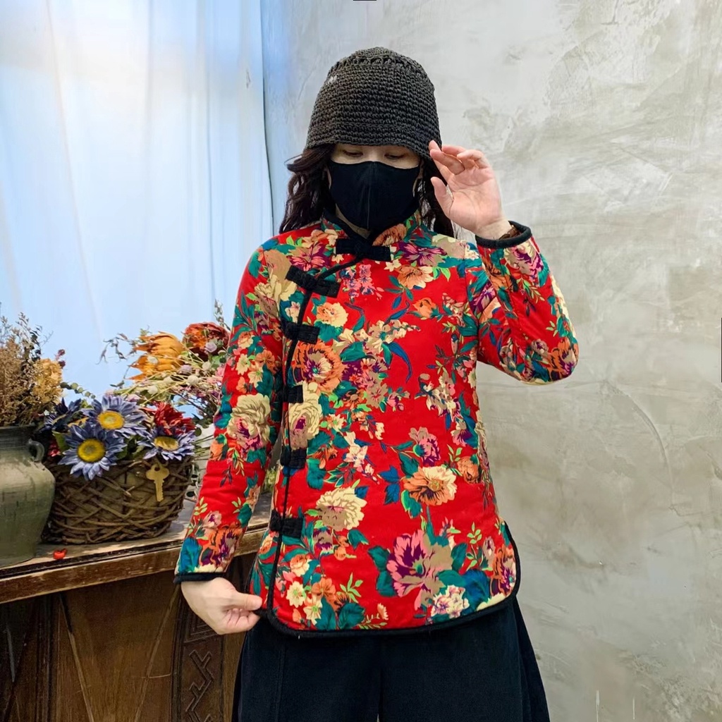 Fluencer tang Áo Khoác cotton Dày Dặn In Hoa Có Đệm Lót Kiểu Bắc Âu retro Thời Trang Thu Đông Cho Nữ