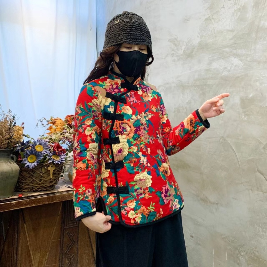 Fluencer tang Áo Khoác cotton Dày Dặn In Hoa Có Đệm Lót Kiểu Bắc Âu retro Thời Trang Thu Đông Cho Nữ