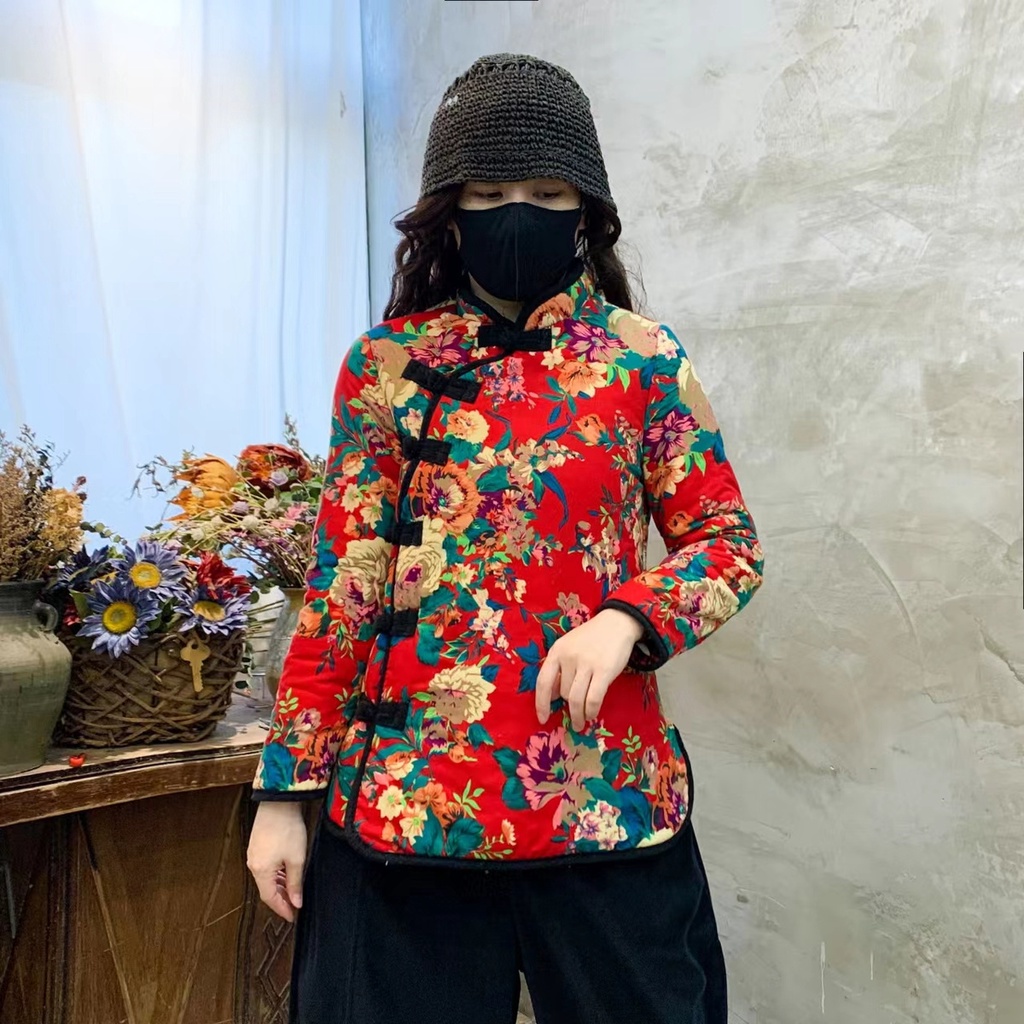 Fluencer tang Áo Khoác cotton Dày Dặn In Hoa Có Đệm Lót Kiểu Bắc Âu retro Thời Trang Thu Đông Cho Nữ