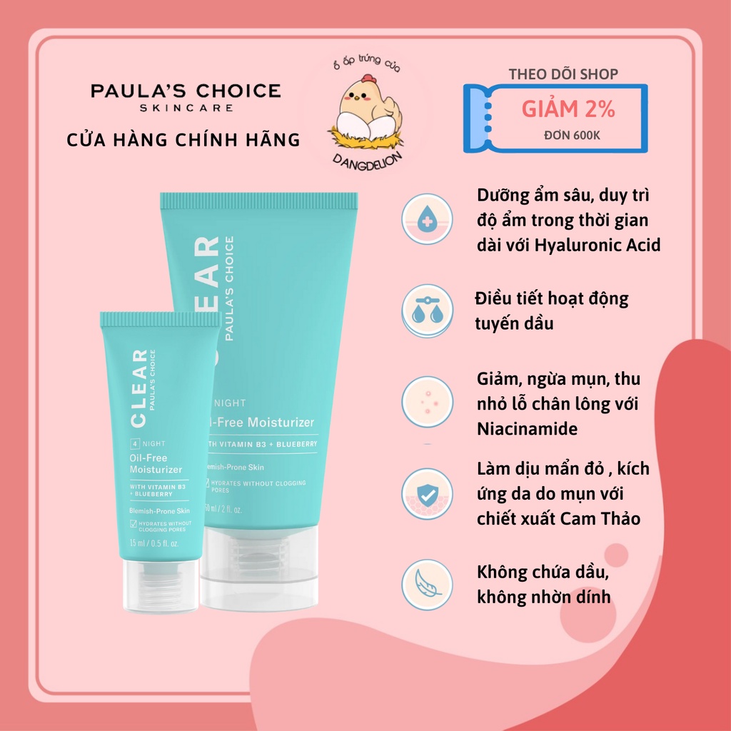 Kem dưỡng ẩm dịu nhẹ không chứa dầu dành cho da mụn Paula's Choice Clear Oil-Free Moisturizer