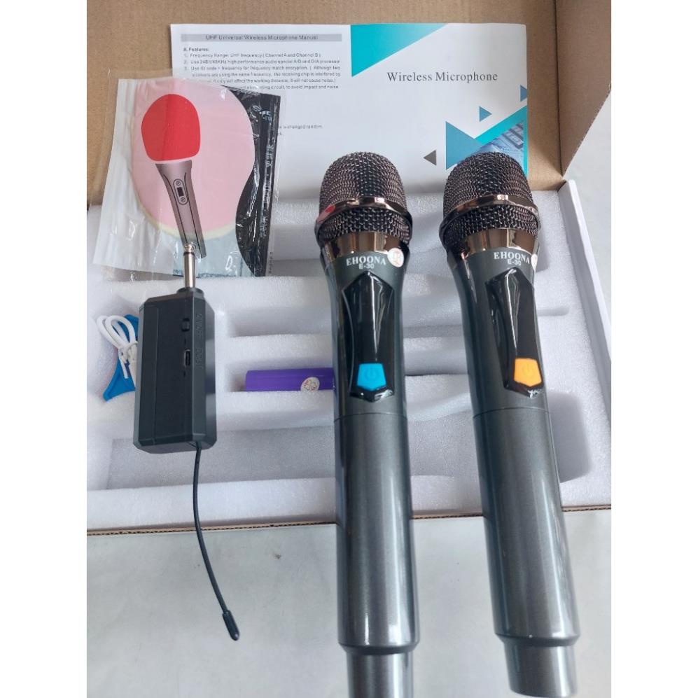 Micro karaoke không dây UHF cho amly loa kéo sound card livestream hay 1 mic và 2 mic Ehoona E30 sạc pin
