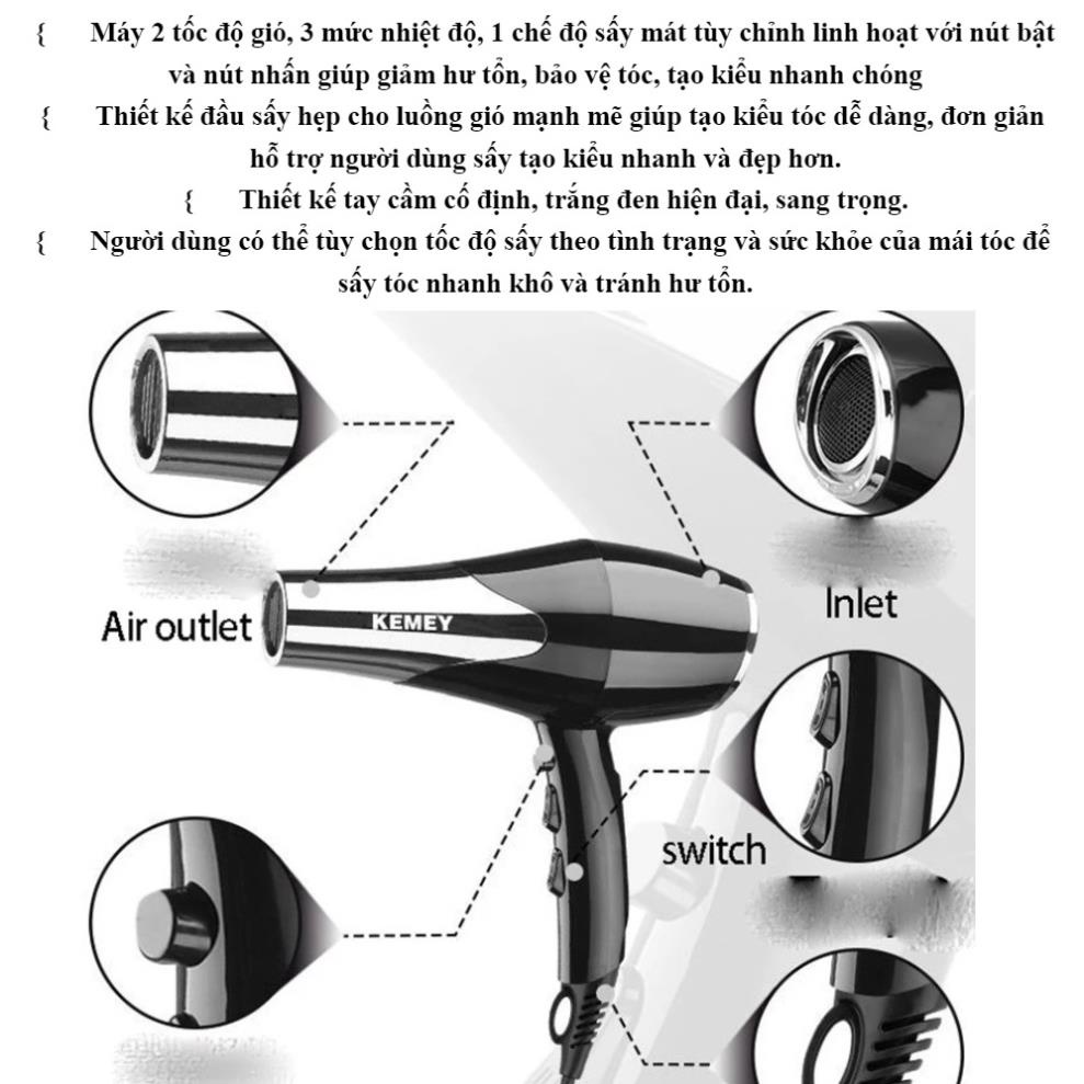Máy sấy tóc nóng lạnh công suất 3000W Kemey 8326 gió mạnh bằng hợp kim chắc chắn
