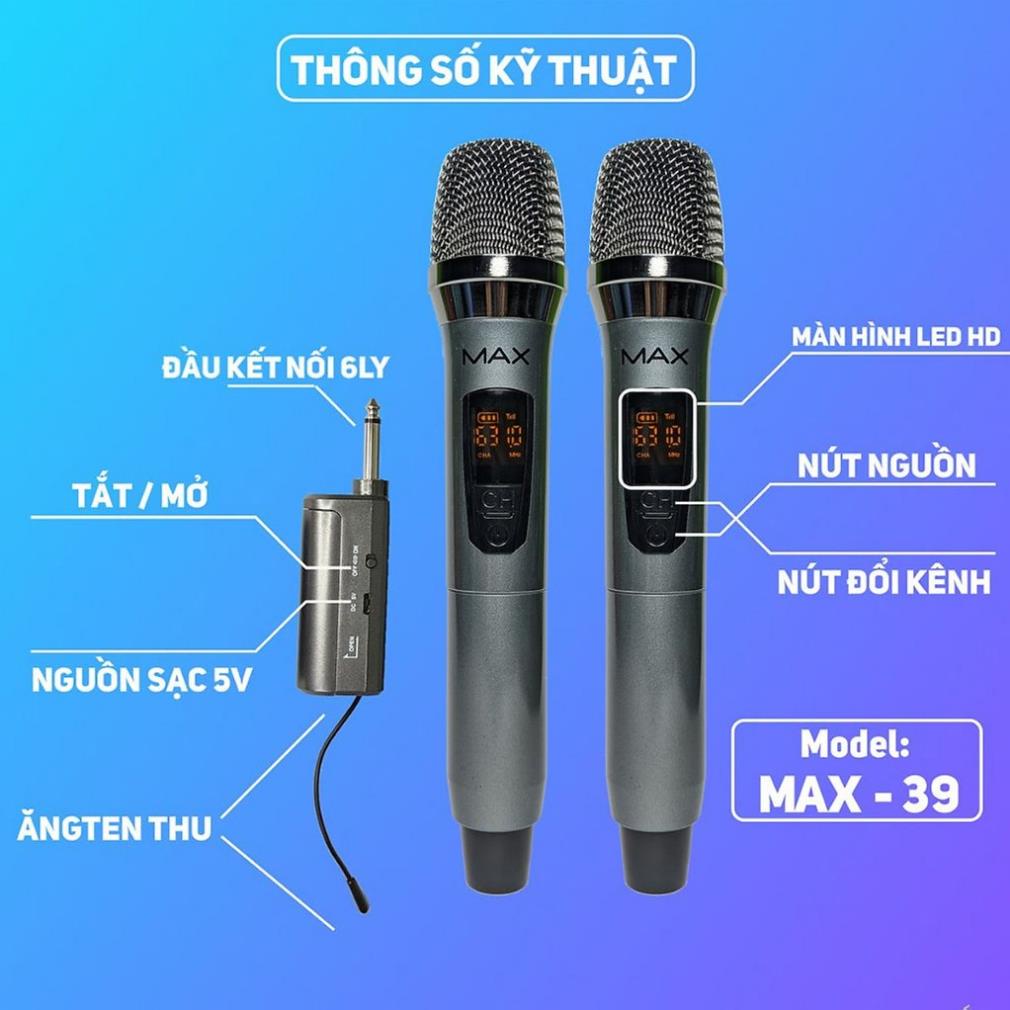 Micro karaoke không dây cho amly loa kéo sound card livestream hay UHF 1 mic và 2 mic Max 39 sạc pin
