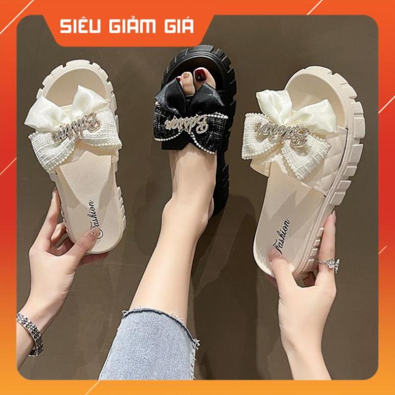 Dép Nữ Quai Ngang Đính Nơ Chữ Độn Đế Răng Cưa Siêu Đẹp