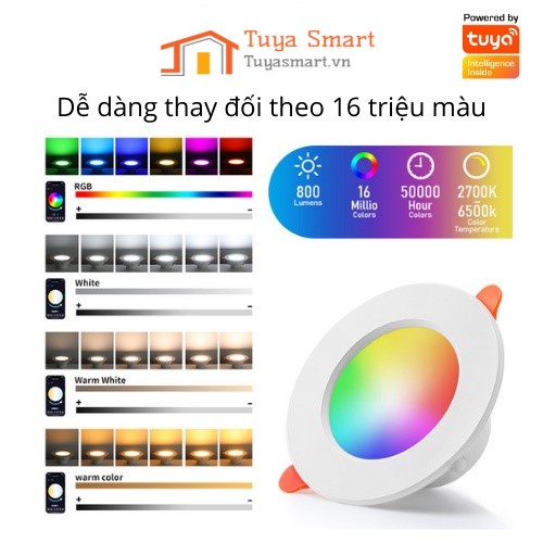 Đèn LED downlight âm trần TUYA, Bluetooth công suất 10W-15W, 16 triệu màu, nháy theo nhạc, điều khiển trên điện thoại