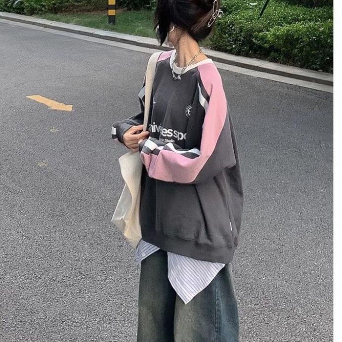 Áo sweater Phối tay hồng siêu xinh , Áo nỉ phối tay hồng chất nỉ tàu siêu đẹp lên dáng thụng siêu xinh 2023 T 37