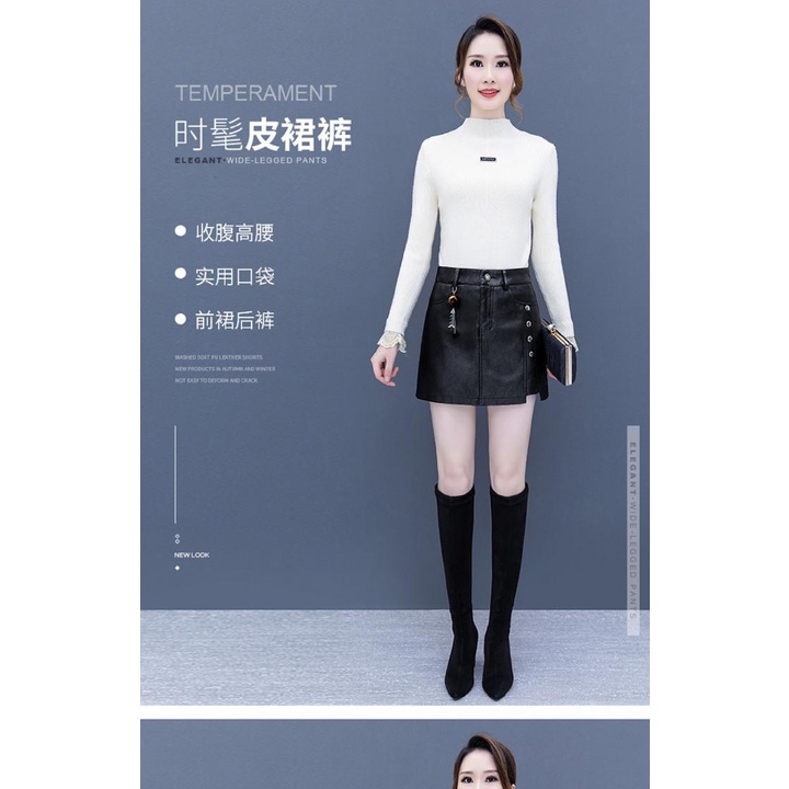 Quần short Da pu Giả Váy Lưng Cao Dáng Ôm Thời Trang Thu Đông Cá Tính Cho Nữ