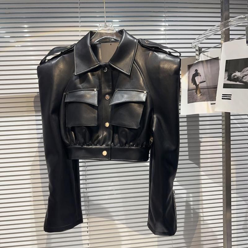 Áo Khoác Da PU Áo Sơ Mi Da Dáng Crop Top Túi Hộp Cầu Vai Cá Tính