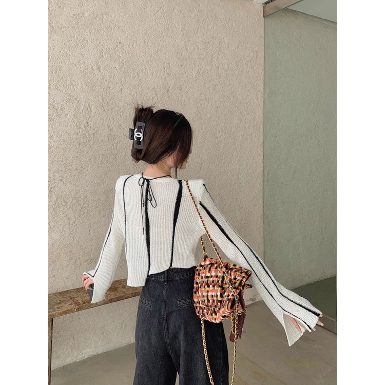 Niche Áo sweater Dài Tay Họa Tiết Kẻ Sọc Thời Trang Thu Đông 2023 Cho Nữ