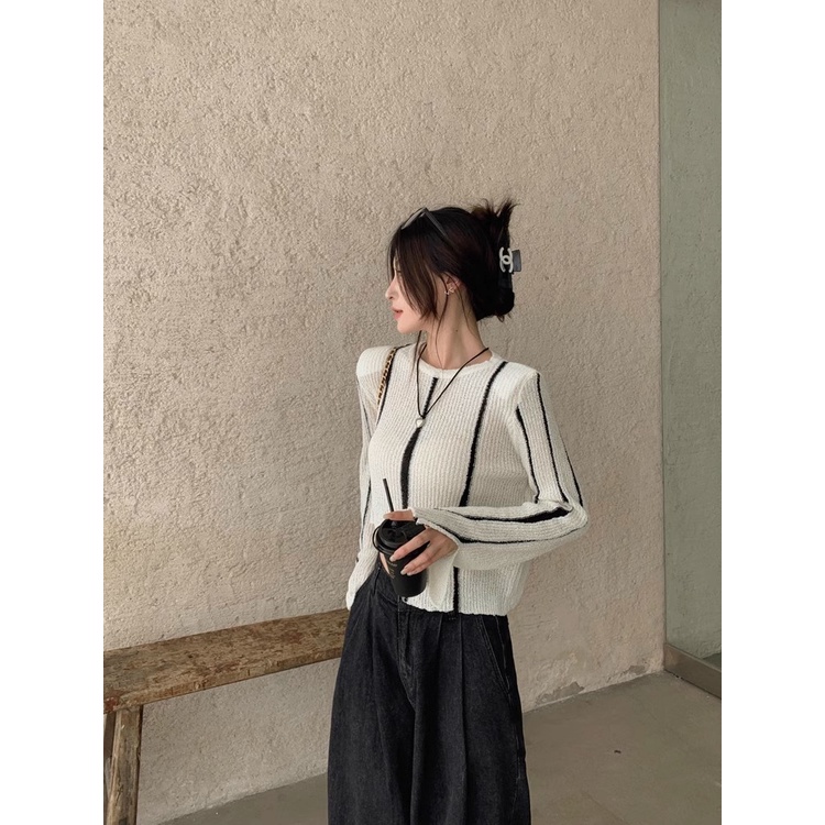 Niche Áo sweater Dài Tay Họa Tiết Kẻ Sọc Thời Trang Thu Đông 2023 Cho Nữ