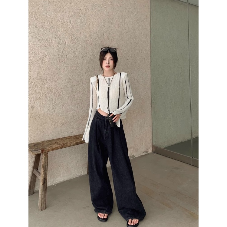 Niche Áo sweater Dài Tay Họa Tiết Kẻ Sọc Thời Trang Thu Đông 2023 Cho Nữ