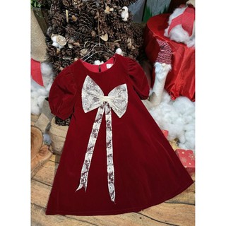 Đầm baby doll nhung đỏ đính nơ ren Rossy Fashion - 141123