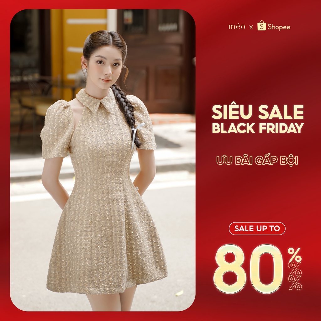 Váy liền nữ Méo shop dạ tweed cổ sơ mi khoét vai cách điệu Mini Kun