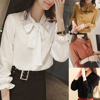 Ayyufe áo kiểu tay phồng dài màu trơn cài nút cổ thắt nơ thời trang cho nữ