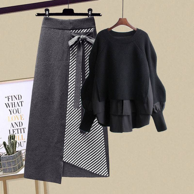 Ch t L Ng cao Ch N V Y Ch len nhung plus size Áo sweater Phối chân váy Mỏng Thời Trang Thu Đông Mới Dành Cho Bạn Nữ 2021