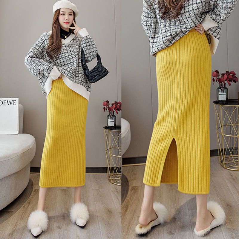 Jiashucheng Chân Váy Dệt Kim Dáng Thẳng Dài Ngang Hông Dày Xẻ Tà Một Lần jiashucheng Họa Tiết Kẻ Sọc Thời Trang Thu Đông Cho Nữ