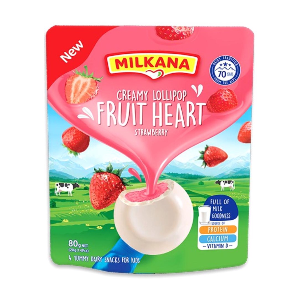 (Ship2h) Phô Mai Ngọt Nhân Dâu, Creamy Lollipop, Fruit Heart Strawberry, 4 Phần (80g) - MILKANA