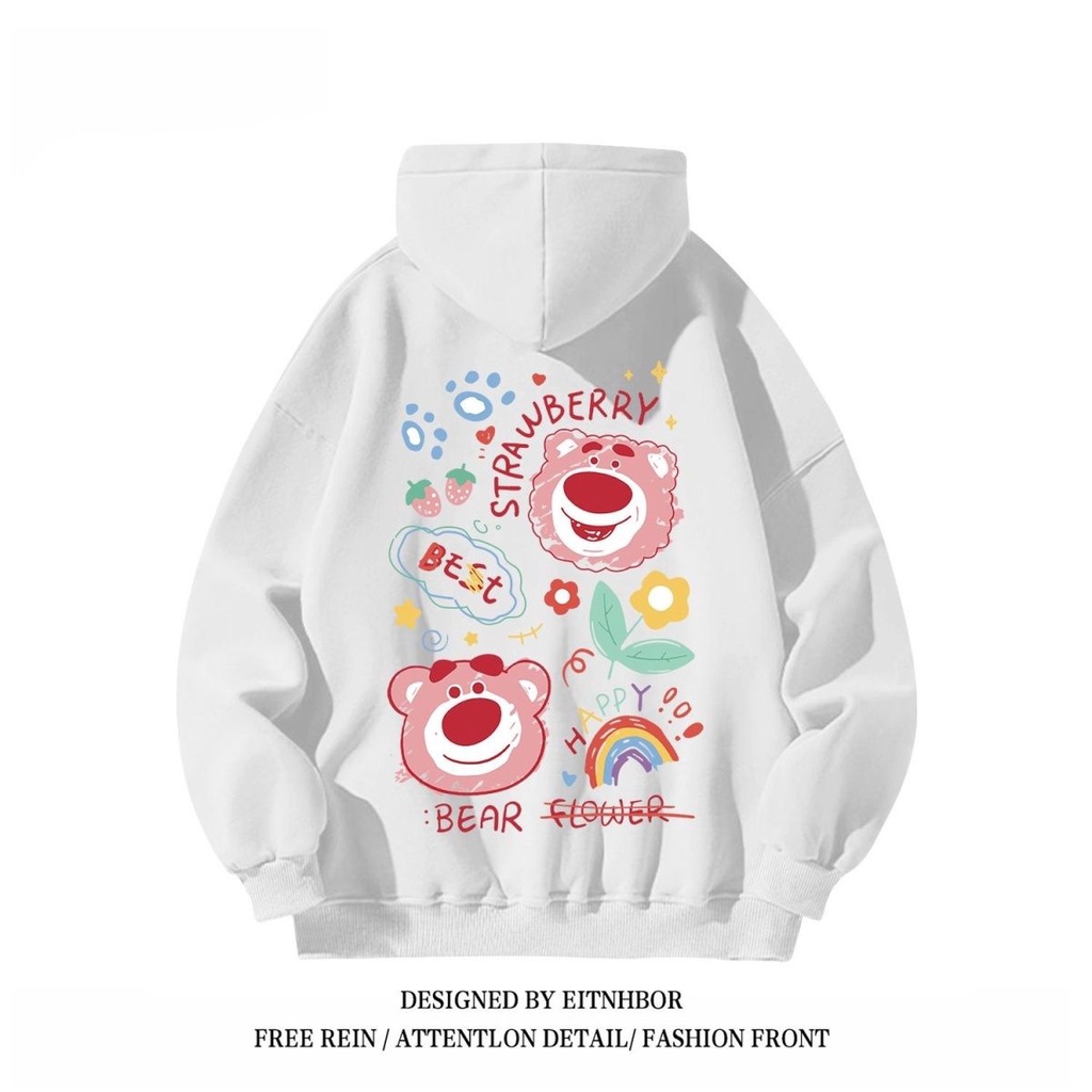 Áo Hoodie Dáng Rộng In Hình Gấu Và Dâu Tây Đáng Yêu Cho Nam Nữ