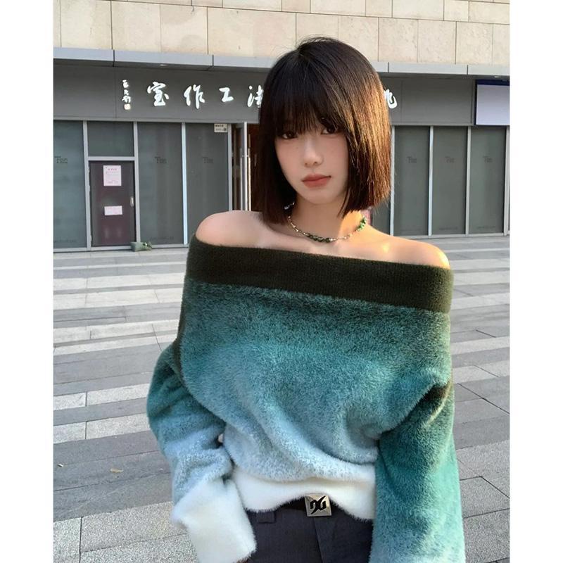 Áo sweater Dày Dặn Một Bên Vai Màu gradient Thời Trang Thu Đông Cho Nữ