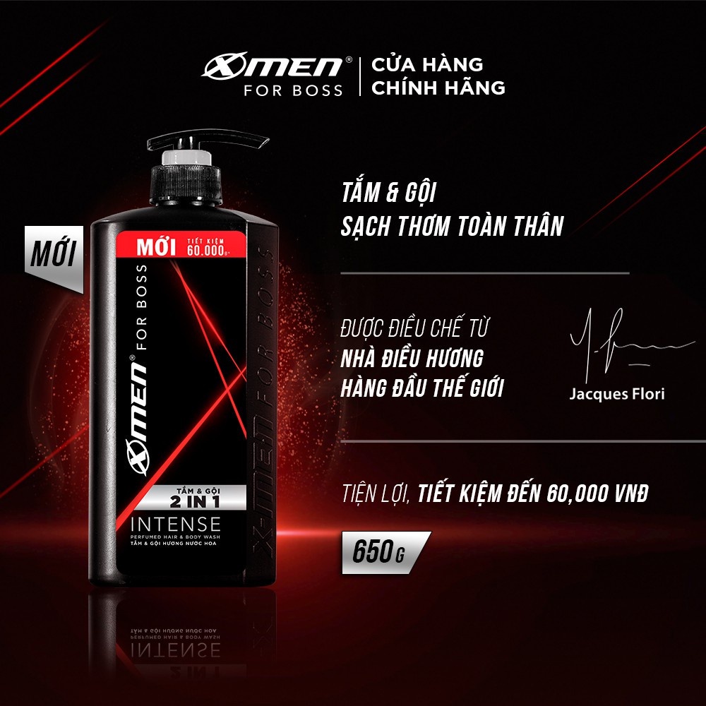 Combo Tắm gội Xmen for Boss 2in1 Intense 650g + Sữa tắm thiên nhiên Purite Anh Đào 850ml