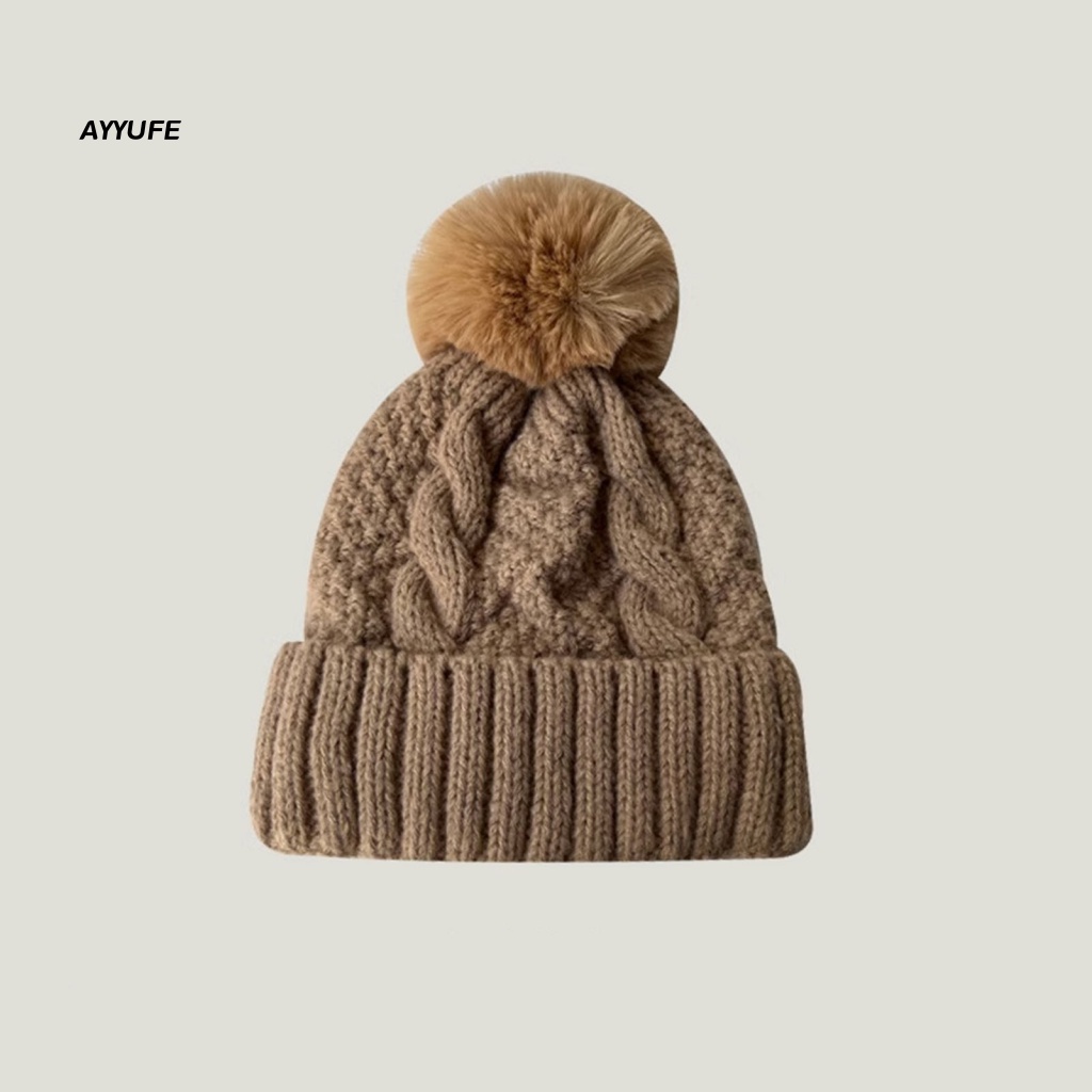 Mũ beanie AYYUFE họa tiết vặn thừng đính bóng lông chống trượt ấm áp mùa đông ngoài trời