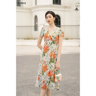 Váy Xanh Hoa Phượng Cổ V Khuy Dọc Ly Bui AT28-DO