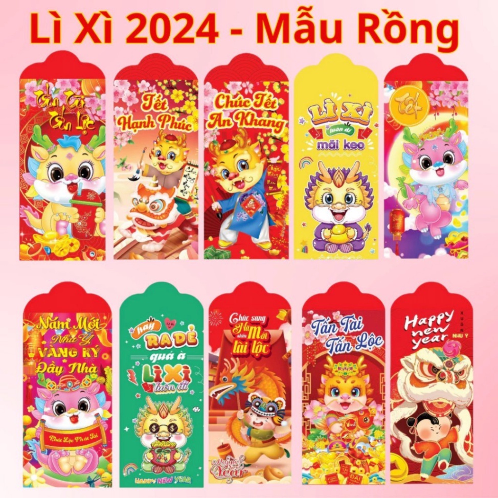 COMBO 10 bao lì xì 💜NGẪU NHIÊN💜 Bao mở hàng năm 2024 in ấn hình con rồng