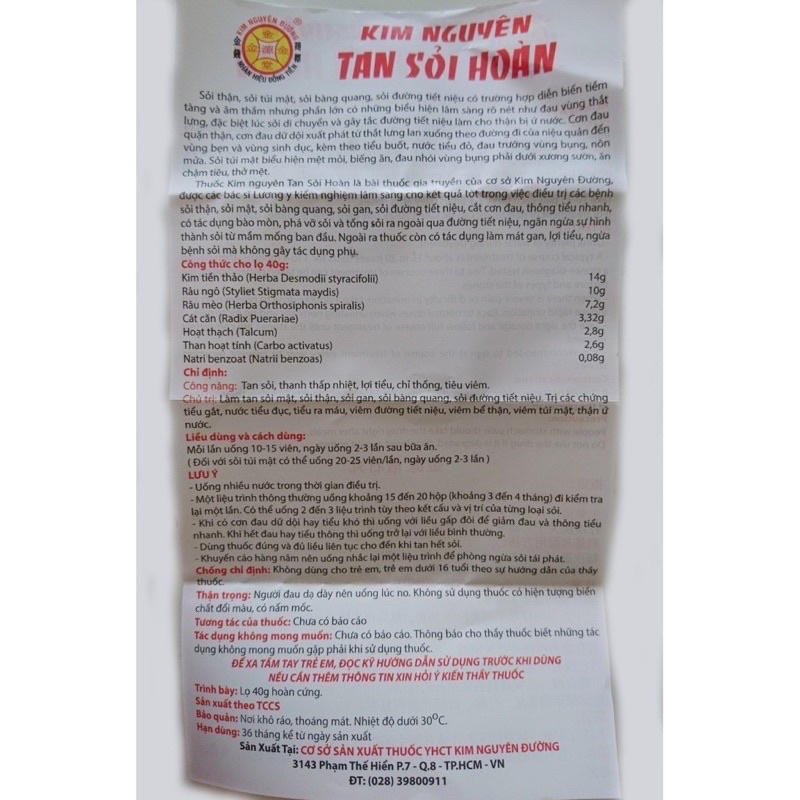 Kim nguyên tan sỏi hoàn