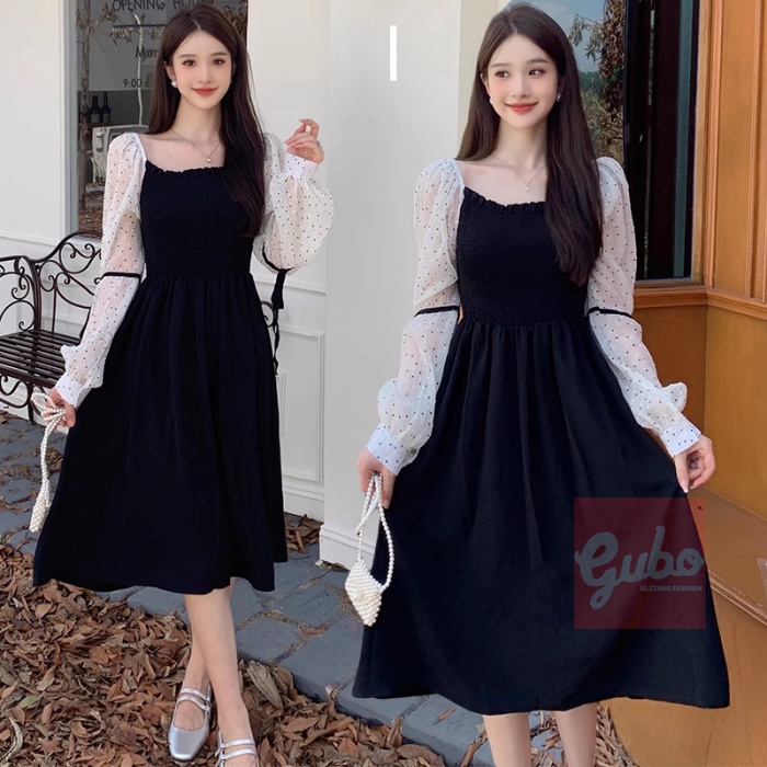 đầm nữ họa tiết chấm bi dài tay tiểu thư eo thon dáng đầm nữ ulzzang GUBO79TT21