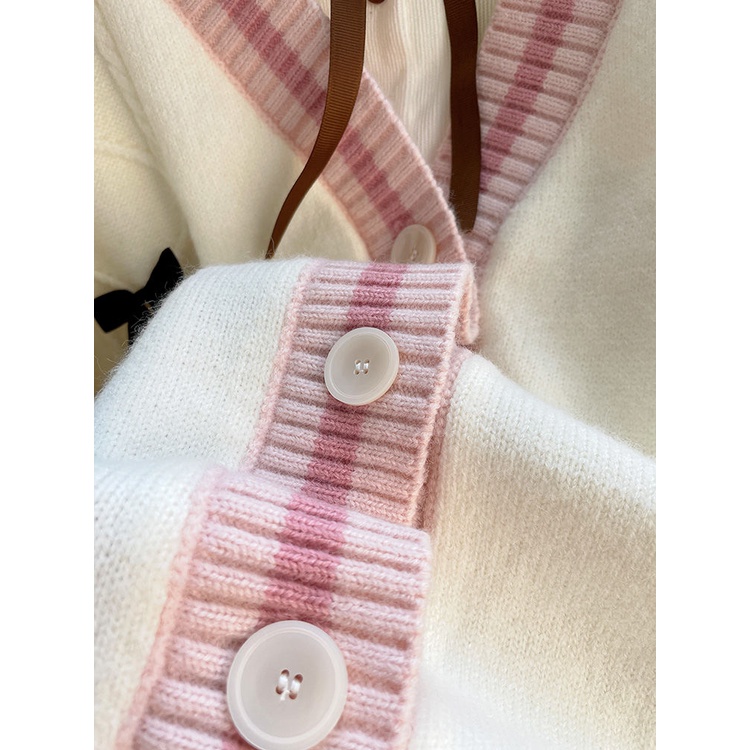 Áo khoác cardigan dệt kim dáng rộng đính nơ thời trang thu đông Nhật Bản