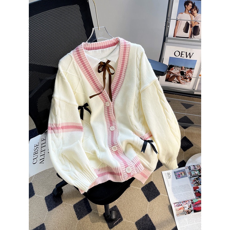 Áo khoác cardigan dệt kim dáng rộng đính nơ thời trang thu đông Nhật Bản