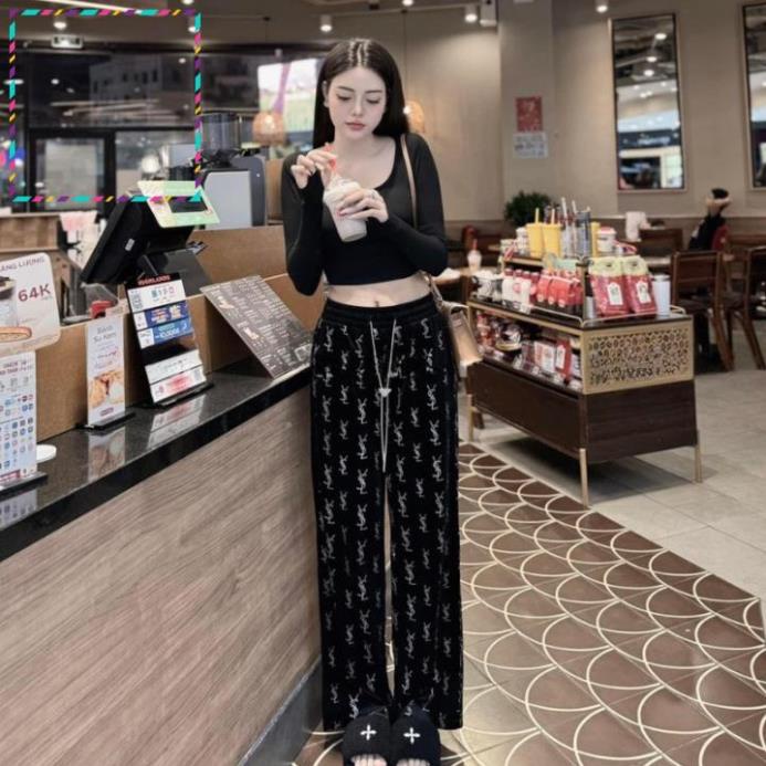 memd Quần nữ dáng suông dài YSL chất nhung mềm mịn, Quần Culottes cạp cao nữ đính đá