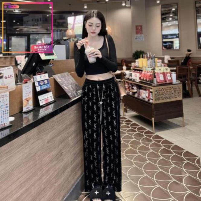 memd Quần nữ dáng suông dài YSL chất nhung mềm mịn, Quần Culottes cạp cao nữ đính đá