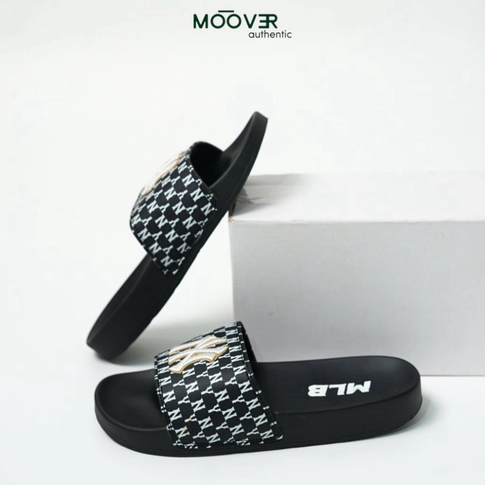 Dép quai ngang MLB NY Monogram chính hãng, dép cao su đế Eva chống trơn trượt chống thấm nước