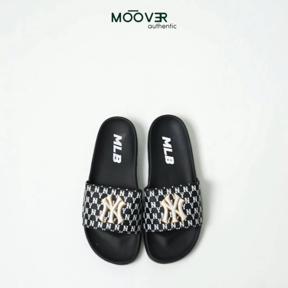 Dép quai ngang MLB NY Monogram chính hãng, dép cao su đế Eva chống trơn trượt chống thấm nước