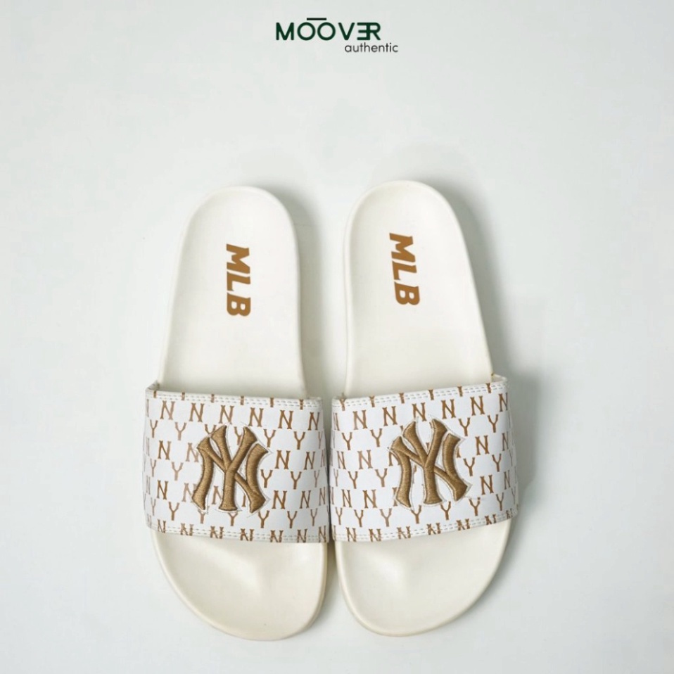 Dép quai ngang MLB NY Monogram chính hãng, dép cao su đế Eva chống trơn trượt chống thấm nước