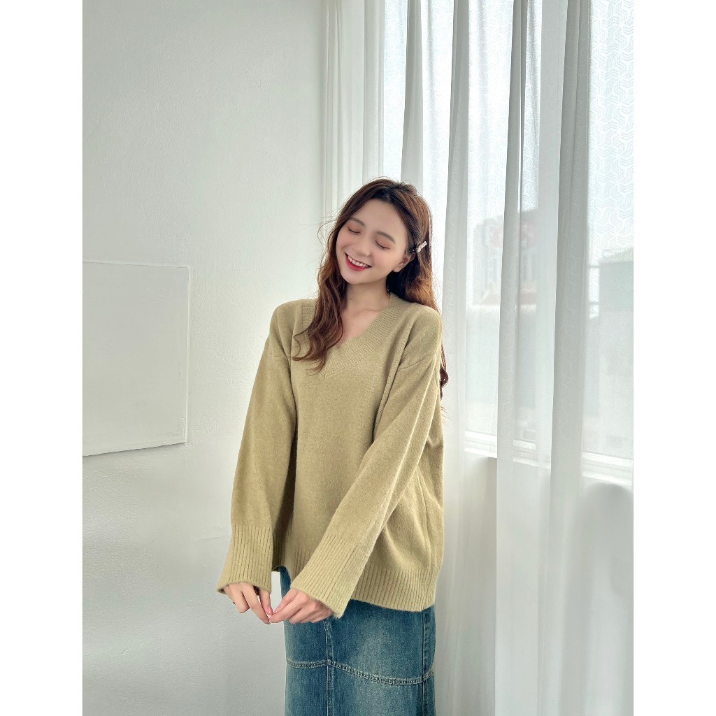 Áo len nữ trơn dáng rộng cổ tim thời trang lông thỏ k ngứa AO38