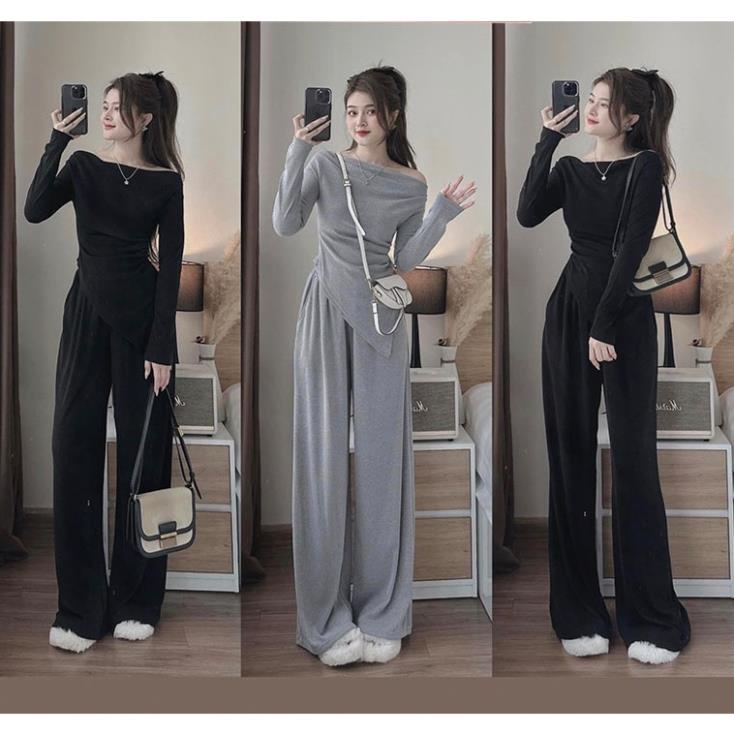 Set quần áo nữ thun tay dài cổ thuyền nhún eo phối vạt chéo kèm quần dài ống suông AO36