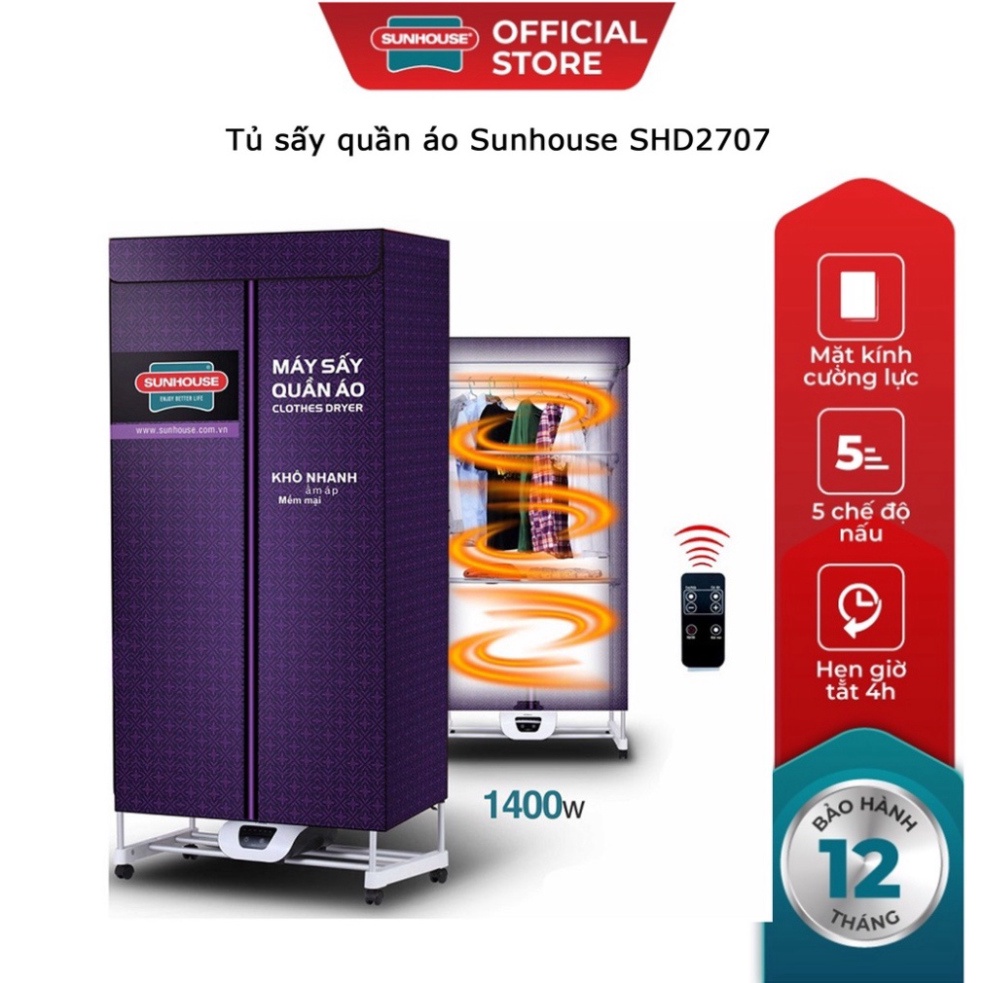 Tủ Sấy Quần Áo Sunhouse SHD2707, Sấy 15-20kg Quần Áo, công suất 1500W sấy khô, khử khuẩn bảo hành chính hãng 12 tháng