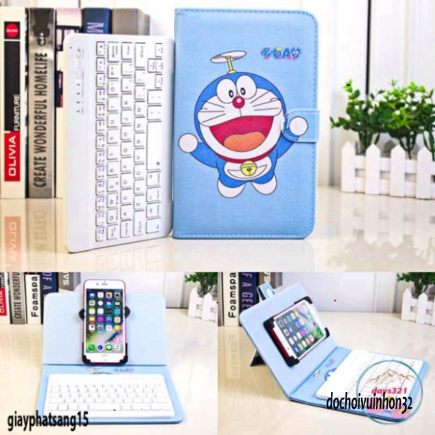 Bao Da Kèm keyboard Bluetooth HÌNH đô rê mon Cho Iphone / Android 4.5-6.8inch đazinăng doraemon