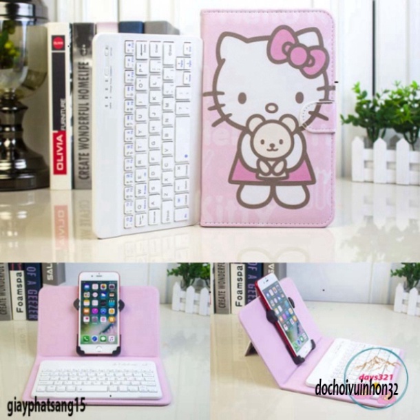 Bao da kèm keyboard không dây bluetooth hình hello kitty bằng chất liệu da PU cho máy tính cá nhân t