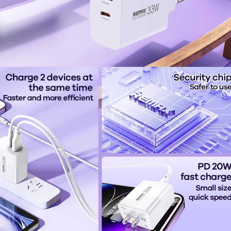 Cốc sạc nhanh 33W Remax U122 2 cổng usb và type c PD QC 3.0
