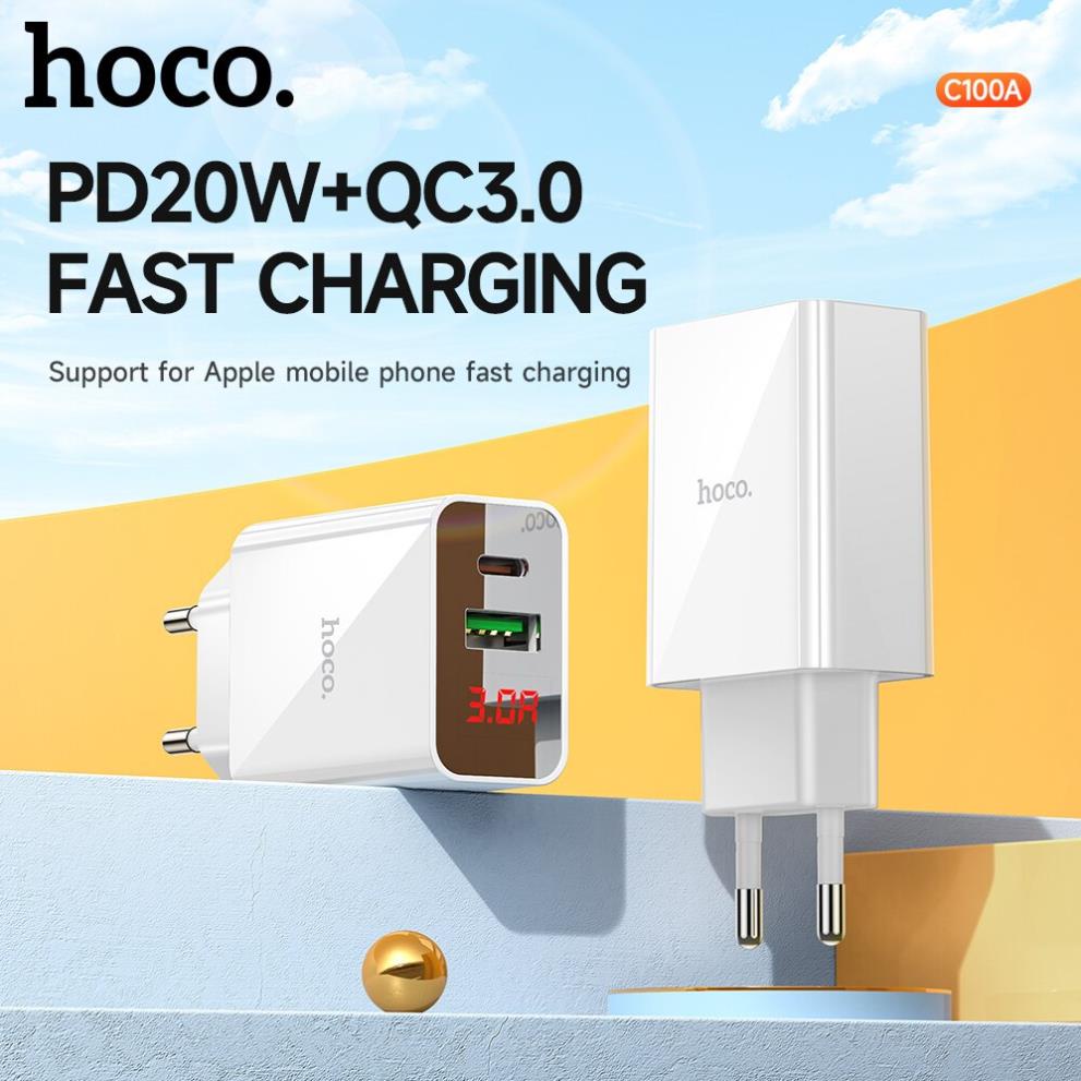 Cốc sạc nhanh 20W PD QC 3.0 củ Hoco C100A  2 cổng usb và type c có led báo dòng cho tất cả điện thoại