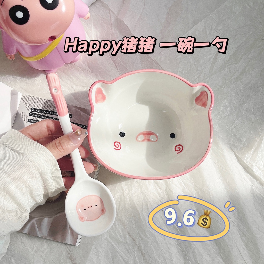 Tô Ăn Mì Bằng Sứ Cỡ Lớn Hình Chú Heo Hạnh Phúc Dễ Thương Đặc Biệt