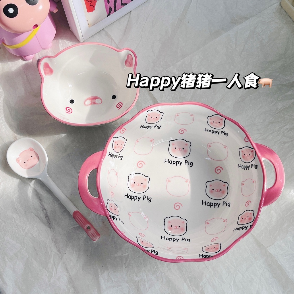 Tô Ăn Mì Bằng Sứ Cỡ Lớn Hình Chú Heo Hạnh Phúc Dễ Thương Đặc Biệt