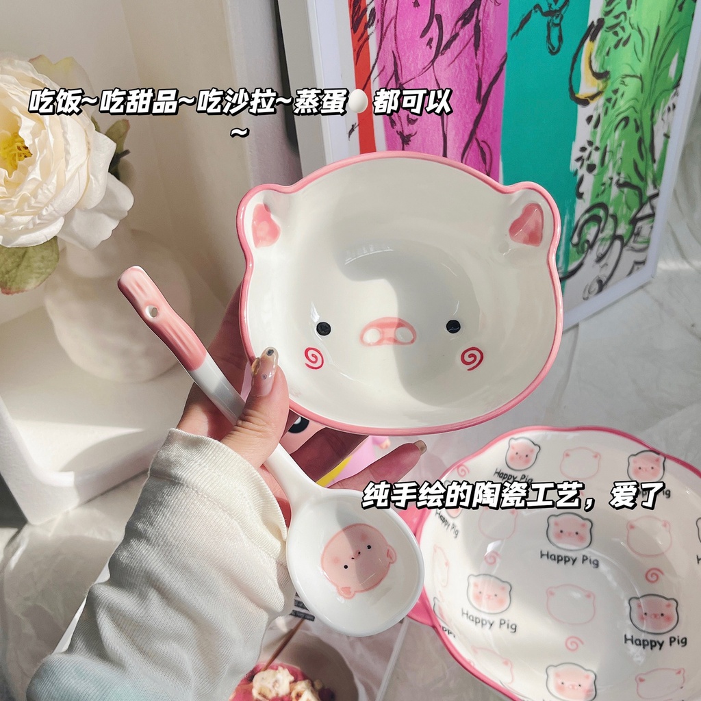 Tô Ăn Mì Bằng Sứ Cỡ Lớn Hình Chú Heo Hạnh Phúc Dễ Thương Đặc Biệt