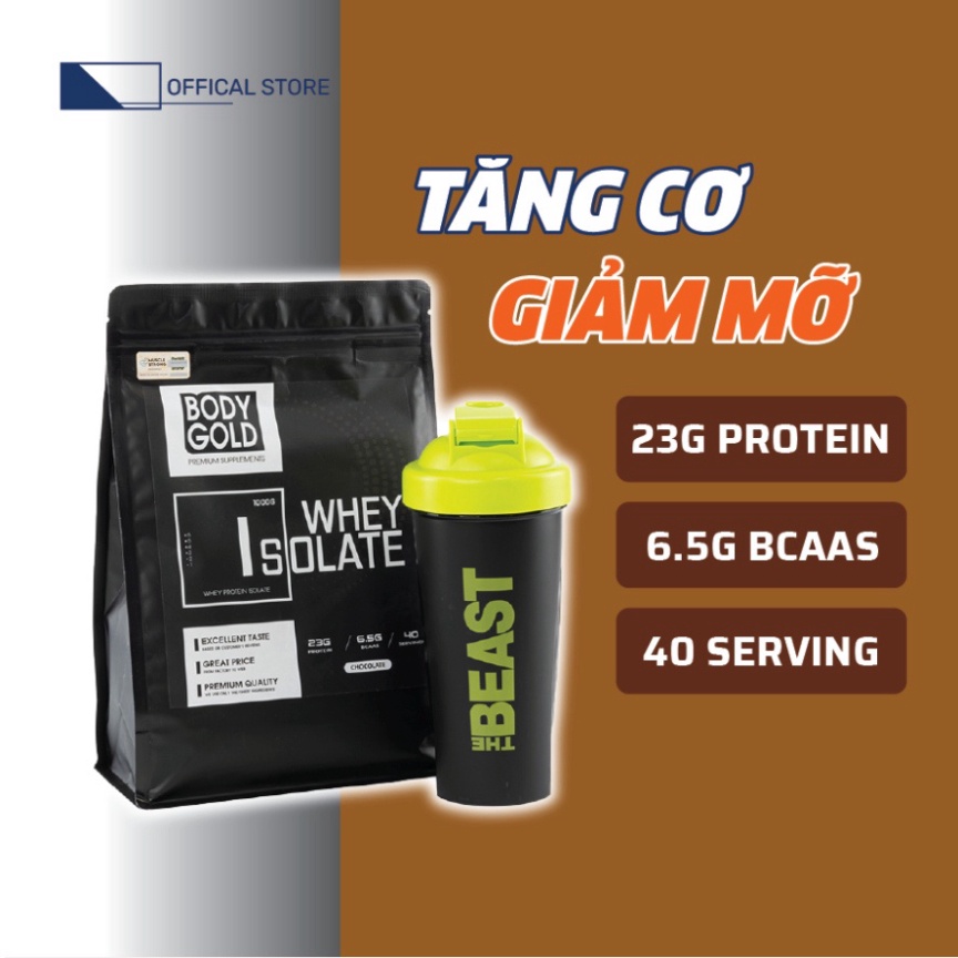 Sữa dưỡng chất Tăng cơ giảm mỡ bụng Whey Isolate Body Gold Túi 1Kg + Bình