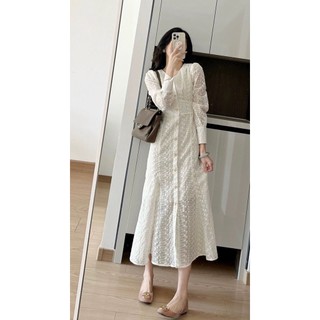 Hàng Mới Về Mới Đầm Trắng Dáng Ôm Dài Tay In Hoa Chuông Phong Cách Pháp Cổ Điển Lãng Mạn Thời Trang Mùa Thu Cho Nữ 2023